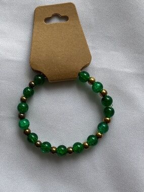 Handmade Green Glass Beaded Bracelet with Brass Base and Gold Accents